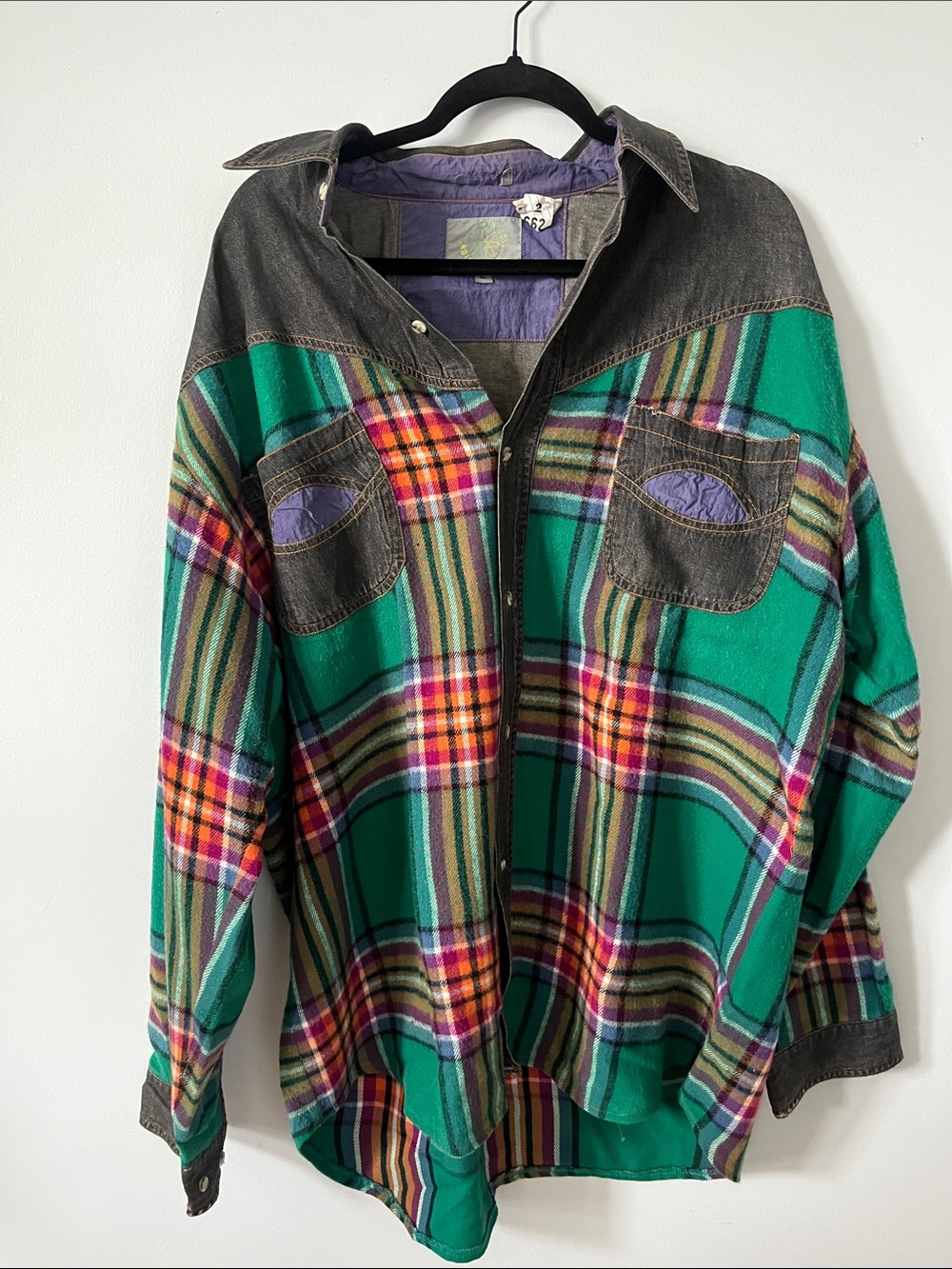 Green Plaid Button-Up Shirt with Denim Accents vintage 42